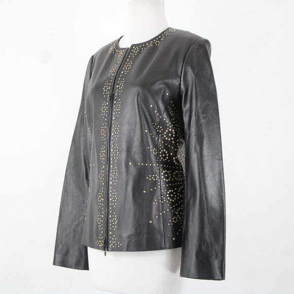 Dana Buchman Sz 12 Black Gold Stud Zipper 100% Leather Acetate Lined Jacket - Picture 15 of 16